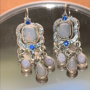 Silver Tone & Light Blue Iridescent Stone Dangle Wire Lever Back Drop‎ Earrings